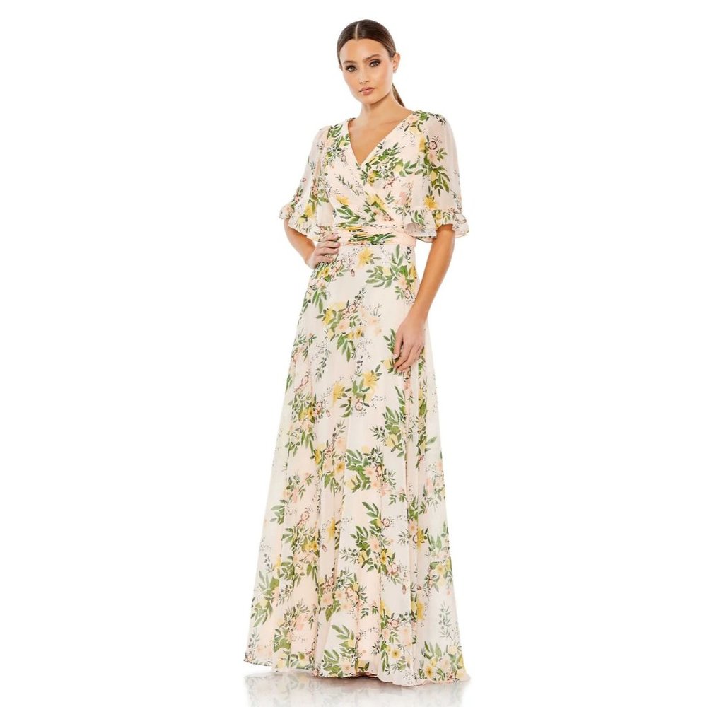 Mac Duggal Floral Wrap Dress - Cream and Green